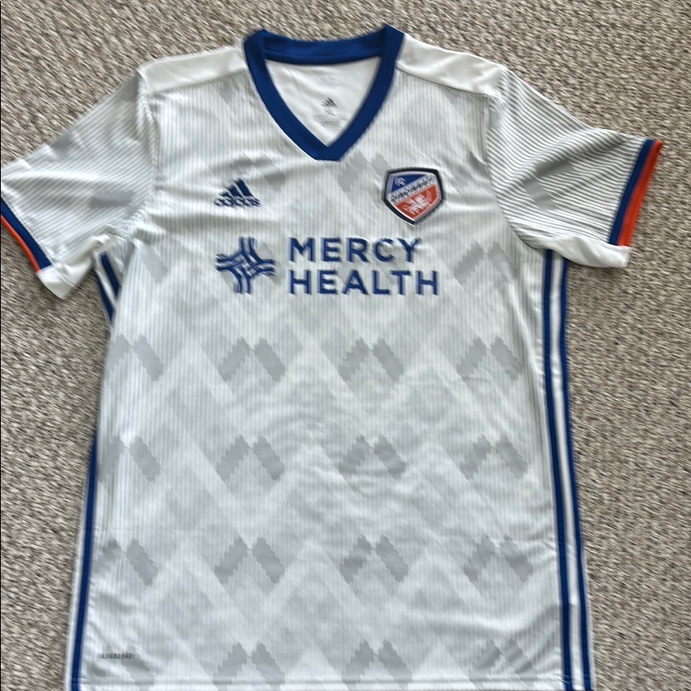Adidas White and Blue Soccer Jersey with Red Trim